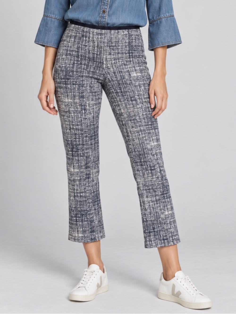 Tory Burch Navy & Ivory Crosshatch Cropped Tailored Pants in Navy Blue